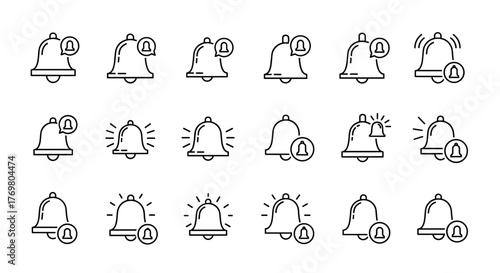 A collection of simple, linear outline icons representing a bell, a ring, and a notification symbol, all with editable strokes, suitable for web, books, cards, and apps, presented as vector cartoon