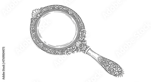 Antique ornate hand mirror with carved handle, white vector hand-drawn illustration. A vintage accessory with intricate floral and scrollwork details, perfect for beauty, fashion, or historical