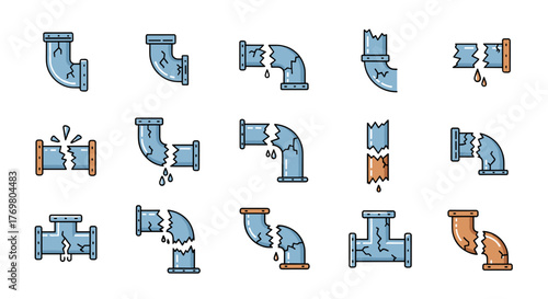 Set of broken pipe line icons for graphic design, websites, cards, books, and articles, featuring a vector cartoon illustration of various damaged plumbing elements with leaks and cracks
