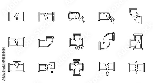 Set of 12 simple line icons representing broken pipes and plumbing issues, presented on a clean white background. This vector cartoon illustration is perfect for graphics, designs, books, adverts