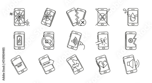Collection of outline icons representing various smartphone malfunctions and damages, including cracked screens, water damage, low battery, factory reset, and broken components, presented on a clean