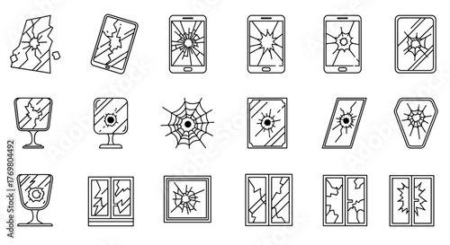 Collection of broken glass line icons, featuring cracked screens of smartphones, monitors, windows, and fragile items, presented as outline signs for graphic and web design, apps, adverts, and