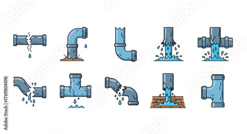 Set of ten vector cartoon illustrations depicting various broken pipes with water leaks, symbolizing plumbing issues, damage, and repair needs, ideal for graphic design, educational materials, and