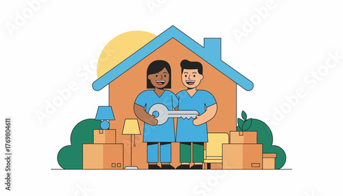 A couple standing in front of their new house holding a set of keys and smiling with excitement as they begin unpacking.