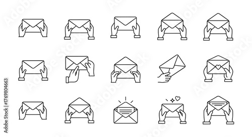 Set of minimalistic line art icons depicting hands holding and interacting with envelopes, symbolizing communication, mail, and digital messaging. This versatile vector graphic collection is perfect