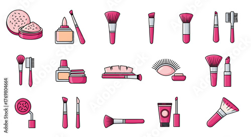 A vibrant collection of pink cosmetic brushes and makeup essentials, including powder compacts, lipsticks, and eye makeup, presented as clean, modern vector cartoon illustrations perfect for graphic