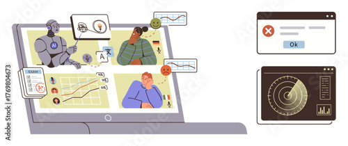 Robot conducts online data analysis with user feedback, performance charts, error popup, radar display. Ideal for AI, technology, data analytics, innovation, education communication business