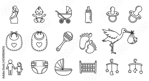 A collection of line icons representing family, babies, infants, and parenthood, perfect for graphic and web design, apps, adverts, and various cards. These outline signs offer a versatile and modern