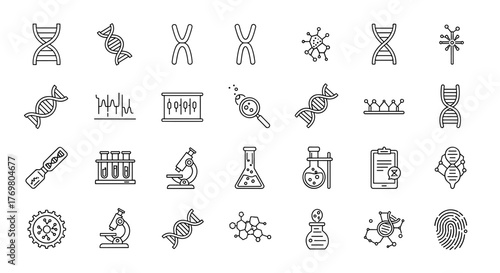 Collection of thin line icons representing science and genetics, featuring DNA strands, chromosomes, molecules, microscopes, test tubes, and laboratory equipment, suitable for web, books, cards, and