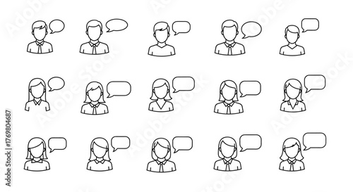 Set of 15 faceless people icons with speech bubbles, presented in a clean outline style on a white background, ideal for graphic and web design, representing communication and dialogue in a