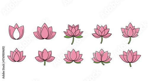 Collection of ten stylized pink lotus flower icons, presented in a clean, ordered line on a black background, featuring simple cartoon illustrations and line art variations, perfect for graphic