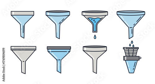 Set of eight different funnel icons in a cartoon illustration style, showcasing various designs and functions, including liquid filtration and pouring, perfect for graphic design, web, and