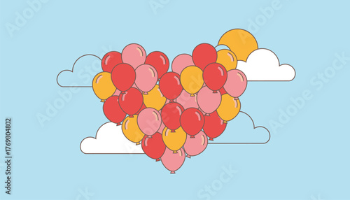 A group of balloons forming a heart shape in the sky surrounded by fluffy clouds on a sunny afternoon.