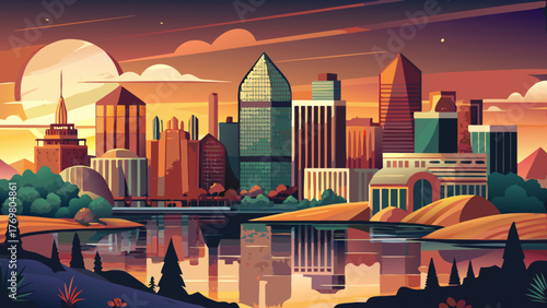 Very beautiful Little Rock vector travel poster in cinematic minimal landscape art style, featuring the city skyline, Arkansas River, and modern architecture with warm sunset tones capturing the city’