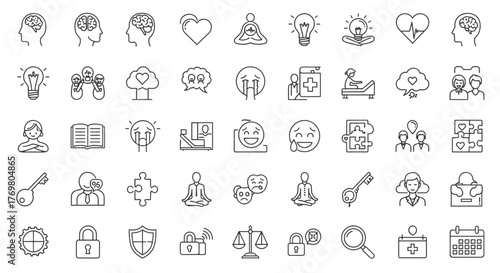 A comprehensive collection of psychology and mental health line icons, featuring a big UI icon set in a flat design with thin outlines, perfect for vector illustrations in EPS10 format, representing