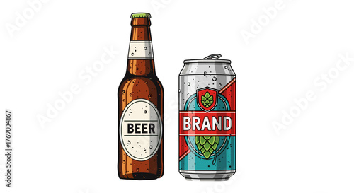 Vibrant illustration of a classic brown beer bottle with a white label and a modern aluminum can featuring a red, blue, and silver design with a hop emblem, symbolizing refreshment and alcoholic