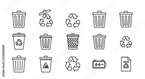 Collection of twelve diverse trash can and recycle bin icons, presented as clean, ordered line art on a white background, symbolizing waste management, recycling efforts, and environmental