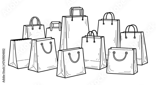 Hand-drawn doodle set of paper shopping bags in black outline on a white background, representing commerce, retail, and consumerism with a minimalist, artistic style, perfect for design projects.