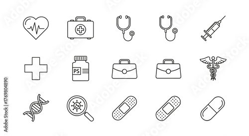 Collection of minimalist linear icons representing health care and treatment, including a heartbeat, first aid kit, stethoscope, syringe, medical cross, pill bottle, briefcase, caduceus, DNA strand