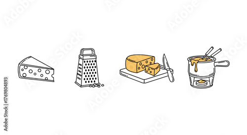 A simple, clean, and visually appealing vector illustration featuring a stylized cheese wheel with a cut slice, alongside a melting cheese element, presented on a black background. This graphic is