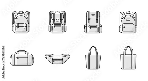 Collection of simple, editable stroke icons representing various bags, including school bags, tracking backpacks, hiking rucksacks, duffel bags, waist bags, and tote bags, perfect for infographics