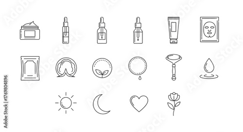 A minimalist linear icon collection representing a skin care line, featuring essential beauty products like creams, serums, face masks, and facial rollers, alongside natural elements such as a rose