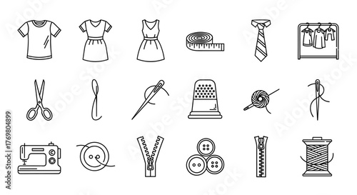 A comprehensive collection of modern line icons representing sewing and garment-related items, perfect for design projects, websites, and applications. This set includes linear illustrations of a