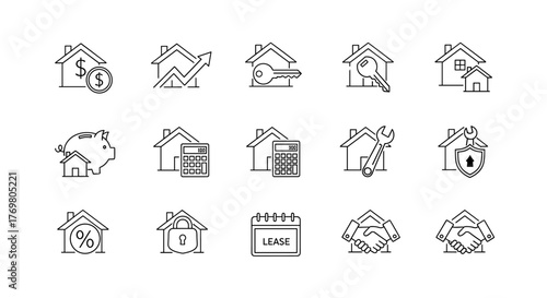 Real Estate Minimal Thin Editable Line Web Icon Set, Including Icons for Rent, Property, Mortgage, Home Loan, and More. Outline Icons Collection for Web and App Design, Featuring Financial and