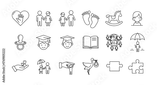 Set of line icons related to child care, international children's day, kid rights, parenthood, outline icon collection, editable stroke, vector illustration, representing family, education, safety