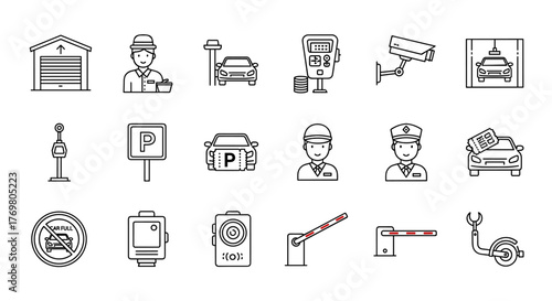 Parking line icon set, including garage, valet servant, paid parking, recorder, lift, security camera, and more. Ordered line icon set on white background, perfect for transportation and urban