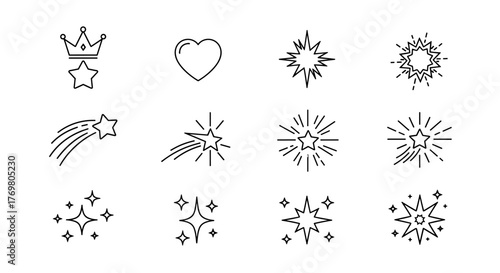 A collection of line art icons representing various celestial and celebratory elements, including stars, fireworks, and sparkles, rendered in a clean, modern vector style, perfect for graphic design
