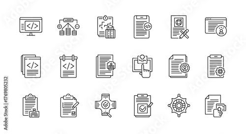 Modern thin line editable icons set for software development, including technology, code, planning, release, and more, presented in a clean and professional vector illustration style for digital use.