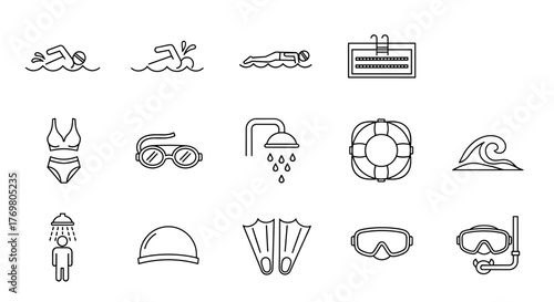 Collection of line art pictograms representing swimming and water-related activities, including icons for lifestyle, diving, swimming pool, swimmer, swimwear, dive, and shower, perfect for aquatic