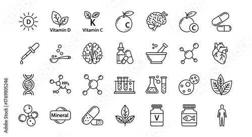 Set of black vector icons isolated against a white background, illustrating vitamins and supplements, natural and chemical elements, and scientific concepts like DNA and molecules, perfect for health