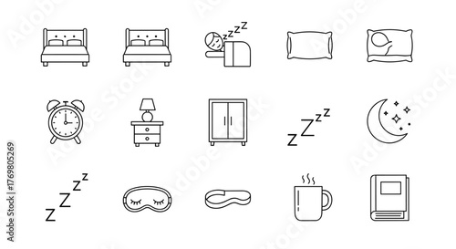Collection of minimalist line art icons representing sleep and bedroom essentials, including beds, pillows, alarm clock, nightstand, wardrobe, sleep mask, hot beverage mug, and a book, all presented