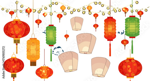Vibrant collection of traditional Chinese and Asian decorative lanterns, including sky lanterns and string lights, perfect for cultural festivities, holiday decor, and celebrations. Vector