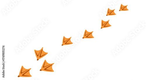 A trail of bright orange duck footprints, depicted in a simple, flat cartoon style, marching diagonally across a stark black background, suggesting movement and a journey through nature or an