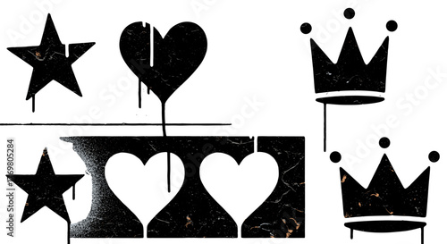 Set of Stencil Frames with Spray Paint Effect: Hand-drawn aerosol paint texture borders in a graffiti gritty style, featuring stars, hearts, and crowns, perfect for text or picture overlays, offering