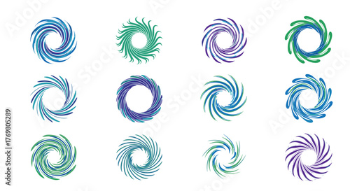 Set of 12 abstract circular vortex logos with swirling lines in vibrant blue, green, and purple hues, perfect for technology, science, or dynamic branding, presented on a clean black background for