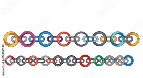 Vivid abstract circle logo chain loop design, featuring a seamless pattern of interconnected colorful rings in yellow, pink, blue, orange, purple, grey, and green, presented as a vector cartoon