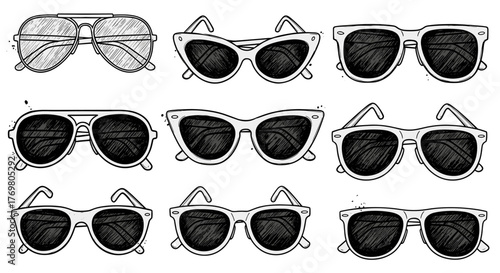 A collection of nine hand-drawn, sketchy-style sunglasses in various modern shapes, including aviator and cat-eye styles, with black lenses and white frames, isolated on a black background, perfect