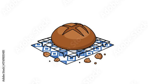 A freshly baked loaf of bread cooling on a wire rack with crumbs tering across a patterned tablecloth.