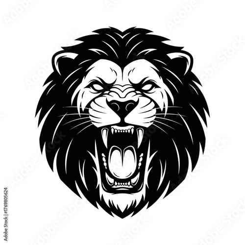 Majestic lion head roaring with fierce expression in detailed illustration.