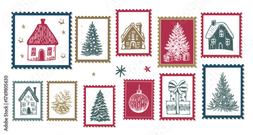 Advent calendar with house and tree on white, hand drawn illustrations.	
