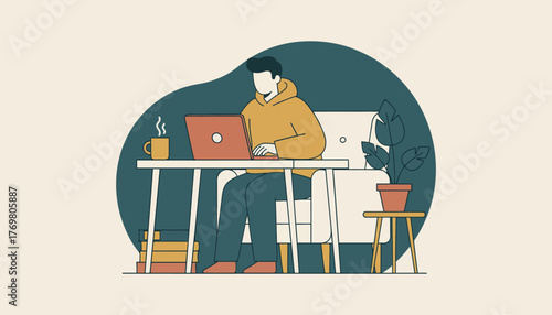 Person wearing a hoodie working at a desk with a steaming mug and books, representing remote work, online learning, or freelance activity in a comfortable home environment