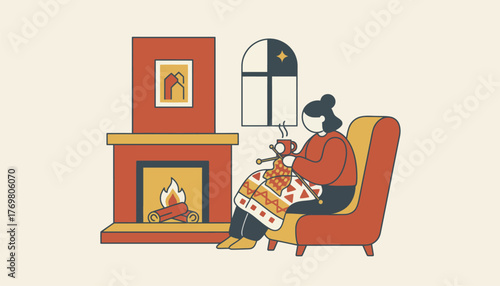 Woman sits in an armchair knitting a warm blanket, sipping a hot drink by a glowing fireplace during a cozy, peaceful evening at home, enjoying slow living and winter comfort