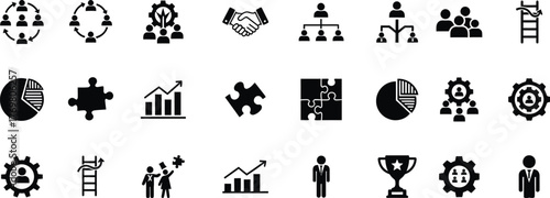 Business and teamwork concept glyph icon set. Including Handshake, Growth Chart, Team, Goal Target, Partnership, Collaboration, Success, Strategy. Vector silhouette sign illustration