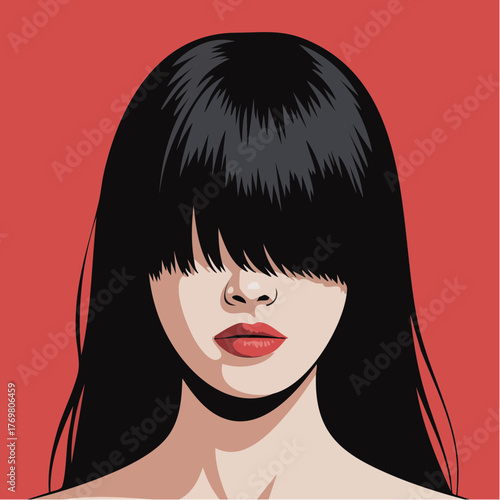 mysterious long‑hair silhouette with eyes covered and vivid red lips on solid red field; poster or print for gallery walls, salons, and trendy interiors