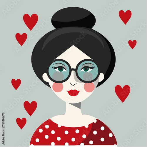 polka‑dot red top portrait with round glasses rosy cheeks and floating hearts; branding and packaging for boutiques, gift shops, and accessory makers.