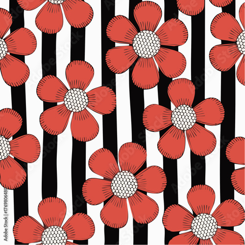 red five‑petal flowers on variable black‑and‑white stripe field repeat pattern; textile and apparel prints for dresses, scarves, and upholstery